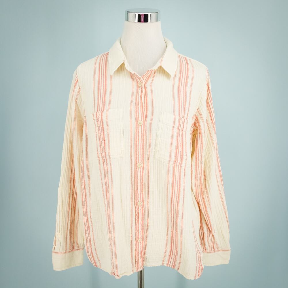 L.L. Bean Size Large L Ivory Cream Stripe Cloud Cotton Gauze Long Sleeve Top